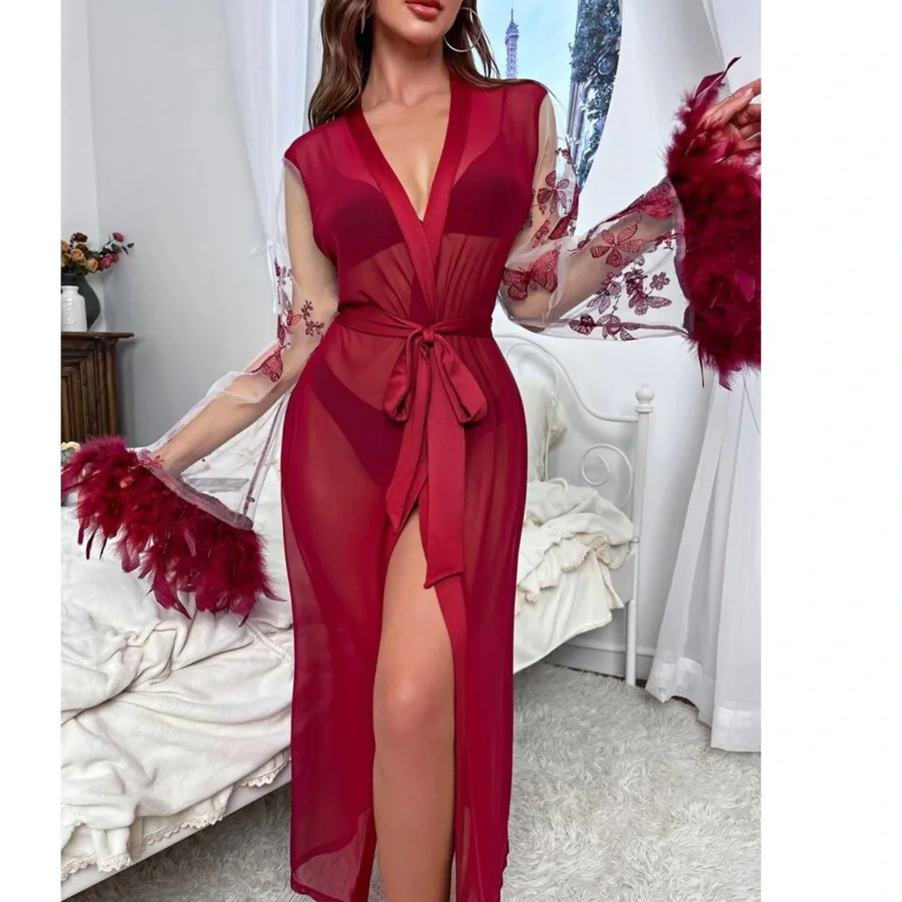 Butterfly and Floral Embroidered Feather Belted Robe ๐ - Picture 6 of 7